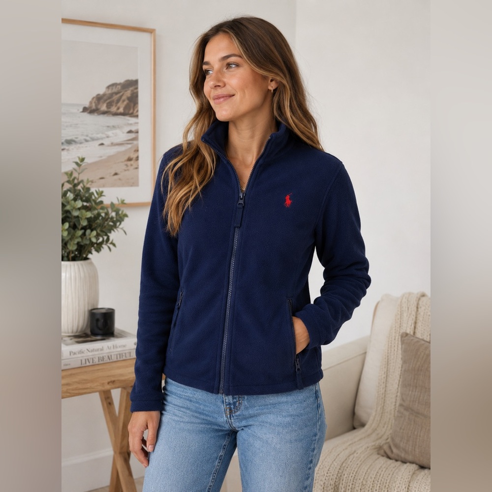 Vintage Polo Ralph Lauren Womens XS Navy Fleece Full Zip Jacket Red Pony Logo